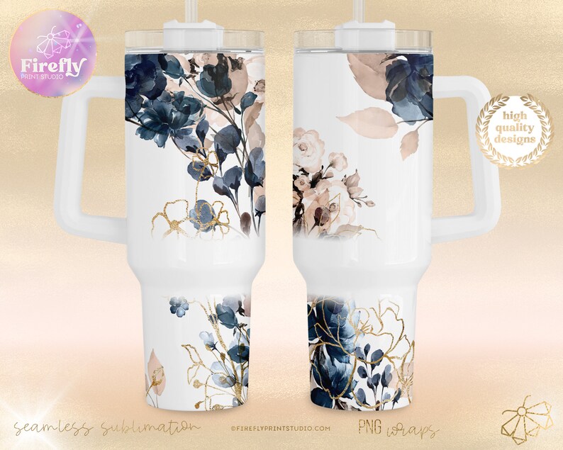 May include: A white tumbler with a blue and gold floral design. The tumbler has a lid and a straw. The design is seamless and can be used for sublimation.