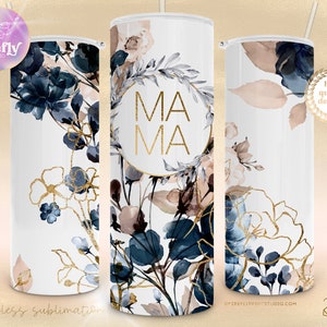 Watercolor Florals Mama 20 oz Skinny Tumbler, Floral, Flowers, Cottage, Navy, Gold, Sublimation Designs, Seamless, Instant Download - MOM035