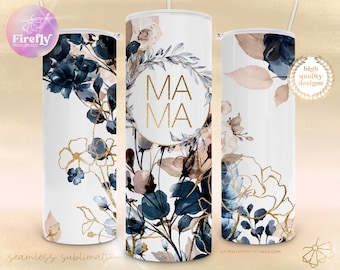 Watercolor Florals Mama 20 oz Skinny Tumbler, Floral, Flowers, Cottage, Navy, Gold, Sublimation Designs, Seamless, Instant Download - MOM035