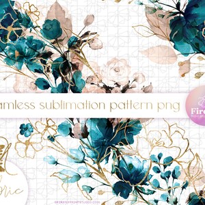 Teal Watercolor Florals, Seamless Fabric Png, Tiling, Repeating Floral Pattern Png, Flowers, Flower Sublimation Designs Downloads FBFLR069