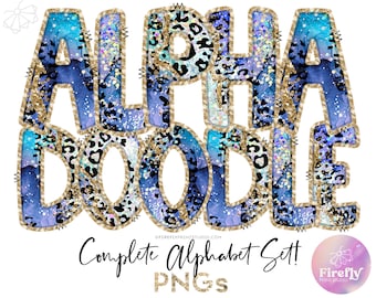Alpha Doodles PNG, Sky Blue Leopard, Periwinkle Cheetah Sublimation, Spring Alphabet, School Letters Set, Designs Downloads ALPHAGLR084