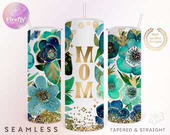 Teal Mom Tumbler, Mothers Day Florals, 20oz Skinny, Retro, Flowers, Green Gold, Sublimation Designs, Wrap Png, Instant Download Cup, MOM078