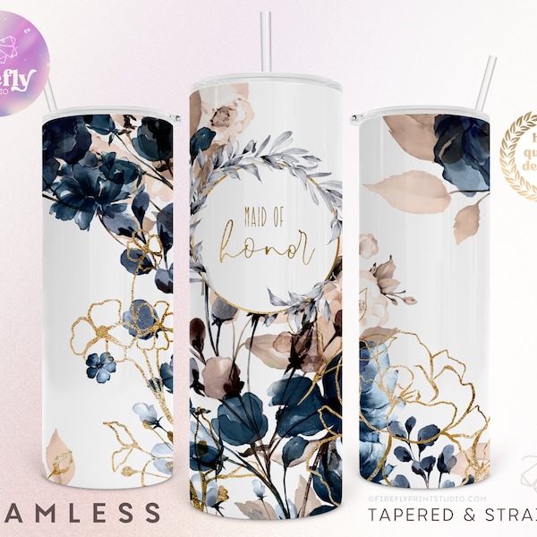 Maid of Honor Navy Florals 20 oz Skinny Tumbler, Wedding Flowers, Watercolor, Blush, Gold, Sublimation Designs, Instant Download Cup, FLR103