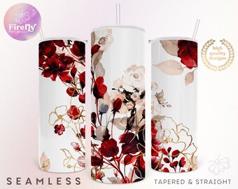 Red Burgundy Gold Blush Watercolor Florals 20 oz Skinny Tumbler, Floral, Flowers, Christmas, Sublimation Designs, Instant Download - FLR040
