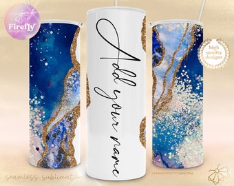Blue Ocean Add Your Own Name, 20oz Skinny Tumbler, Geodes, Gold, Marble, Sublimation Designs, Wrap Png, Seamless Downloads Cup GEO028N