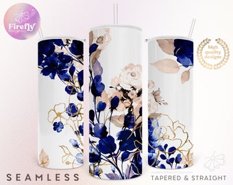 Indigo Blue Florals 20oz Skinny Tumbler, Floral, Flowers, Blue Gold, Sublimation Designs, Seamless Cup, Wrap, Instant Downloads Cup, FLR174