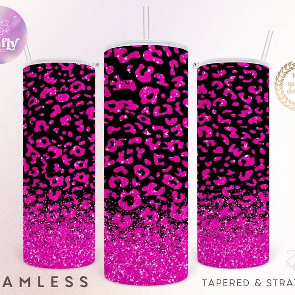 Hot Pink Black Glitter Animal Print Tumbler, 20 oz Skinny, Sublimation Design, Leopard, Cheetah, Pattern Png, Instant Download - ANL032