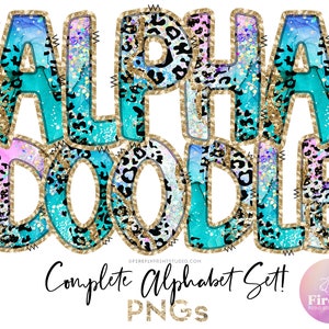 Türkisblau, Leopard Alpha Doodle, ein Hauch von Lila, Buchstaben für Sublimation, Alphabet-Set, Tasse, Schrift, Sublimationsdesigns ALPHAGLR086