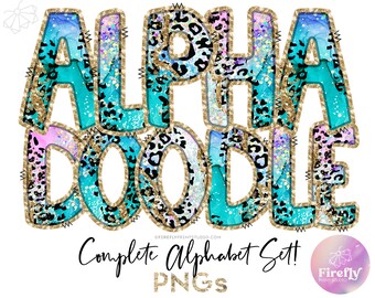 Teal Turquoise, Leopard Alpha Doodle, Hint of Purple, Letters For Sublimation, Alphabet Set, Cup, Font, Sublimation Designs ALPHAGLR086