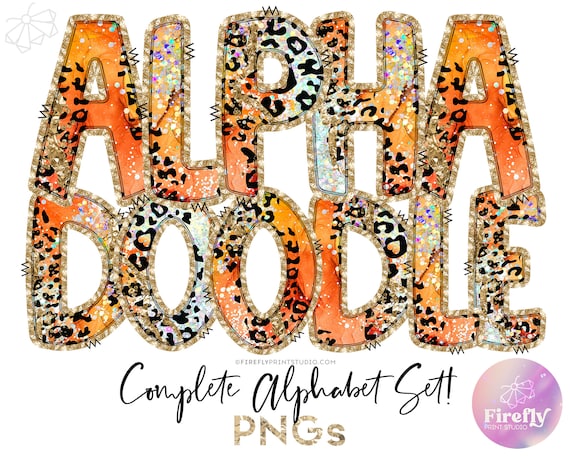 Orange Leopard Alpha Doodle, Halloween Letters For Sublimation, Alphabet Set, Cup, Font, Sublimation Designs Downloads Gold ALPHAGLR119