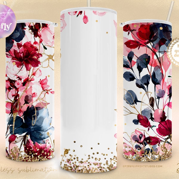 Navy Burgundy Red Florals Tumbler, Add Your Name, 20oz Skinny, Flowers, Gold Glitter, Sublimation Designs Downloads, Cup, Wrap, Cup AYO111