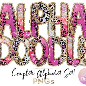 Pink Leopard Alpha Doodle, Letters For Sublimation, Alphabet Set, Cup, Font, Sublimation Designs Downloads Agate Glitter Gold ALPHAGLR063