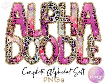 Pink Leopard Alpha Doodle, Letters For Sublimation, Alphabet Set, Cup, Font, Sublimation Designs Downloads Agate Glitter Gold ALPHAGLR063