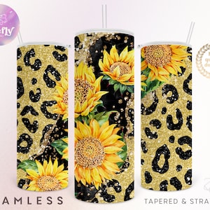 20 oz Skinny Sunflower Glitter Animal Print Tumbler, Gold, Sunflowers, Cheetah, Leopard, Seamless Png, Sublimation Designs, Wrap - FLR026
