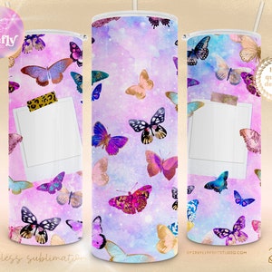 Diseño de vaso de fotos para sublimación con mariposas, nombre de marcos de fotos, flaco de 20 oz, diseños de envoltura de taza para niñas, taza, descargas AYO115
