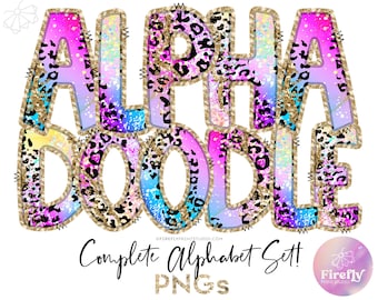 Alpha Doodles PNG, Mermaid Rainbow Leopard, Cheetah Sublimation Spring Unicorn Alphabet School Letters Designs Downloads ClipArt ALPHAGLR098