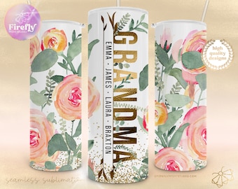 Grandma Tumbler Wrap, Mothers Day, Add Your Grandkids Names, Pastel Flowers 20oz Skinny, Floral Sublimation Designs Downloads Cup FLR182