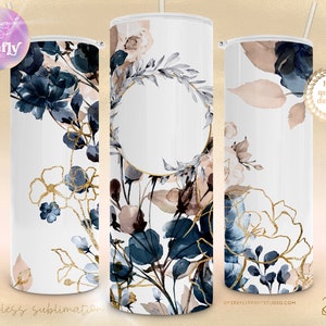 Aquarell Blumen 20 Unzen Skinny Becher, fügen Sie Ihren eigenen Text, personalisieren, Blumen, Navy, Gold, Sublimation Designs, Instant Download - FLR039