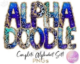 Alpha Doodles PNG, Indigo Teal Leopard, Blue Ocean Cheetah Sublimation, Alphabet, School Letters Set, Designs Downloads Clip Art ALPHAGLR128