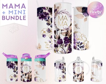 Purple Florals Mama Mini Bundle For Sublimation Tumbler Designs, 20oz Skinny, Poignées, 12oz Flip Top, Kids Cup, Instant Download - MMB002