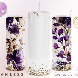 Purple Florals Tumbler, Ajoutez votre nom, 20oz Skinny, Fleurs, Paillettes d’or, Téléchargements de conceptions de sublimation, Tasse sans couture, Wrap, Tasse, AYO100