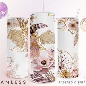 Boho Florals, 20 oz Skinny Becher, Boho Aquarell Blumen, Garten, Rosa Gold Sublimation Designs, nahtlos, Instant Download - FLR074