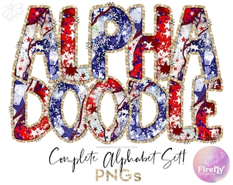 American Flag Alpha Doodle, Letters For Sublimation, Alphabet Set, Cup, Font, Sublimation Designs Downloads, Red Blue White ALPHAFLG003