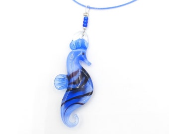 Pendentif Hippocampe En Verre Soufflé Vintage - Cordon Bleu, Porte-bonheur, Pièce Artistique D'occasion Unique