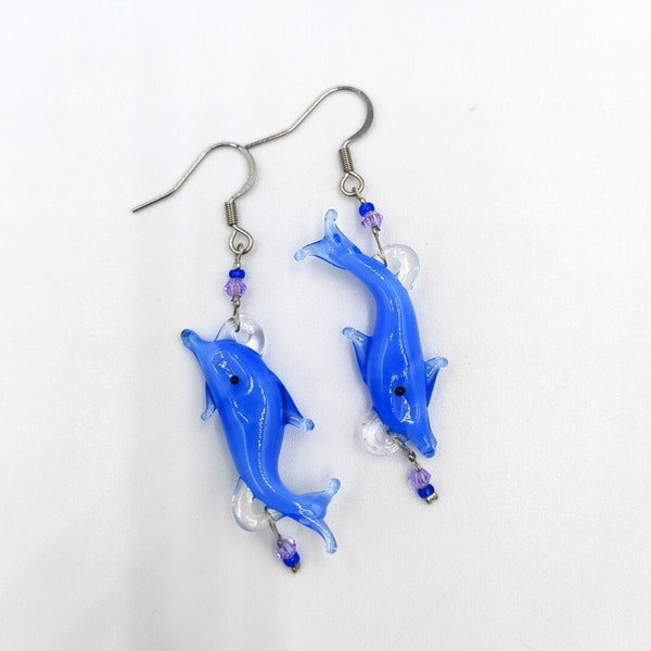 Best Glass Blue Dolphin Earrings, Deep Sea Fish Jewellery, Ocean Animal Glass Earrings, Handmade Medium Long Dangle And Drop Earrings