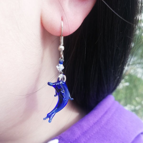 Dolphin Earrings Gifts, Blue Dolphin Glass Jewellery, Sea Life Deep Ocean Earrings, Wildlife Animal Present, Nature's Birthday Gift