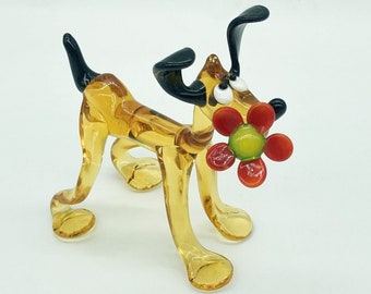 Glass Dog Sculpture | Cute Flower Dog Figurine | Golden Pluto Ornament | Glass Dog Miniature Gift for Kids | Room Decoration Ideas