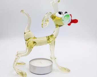 Golden Glass Dog with Flower – Handmade Glass Sculpture, Unique Pet-Inspired Home Décor for Dog Lovers, Cute Puppy Statue, Glass Creations