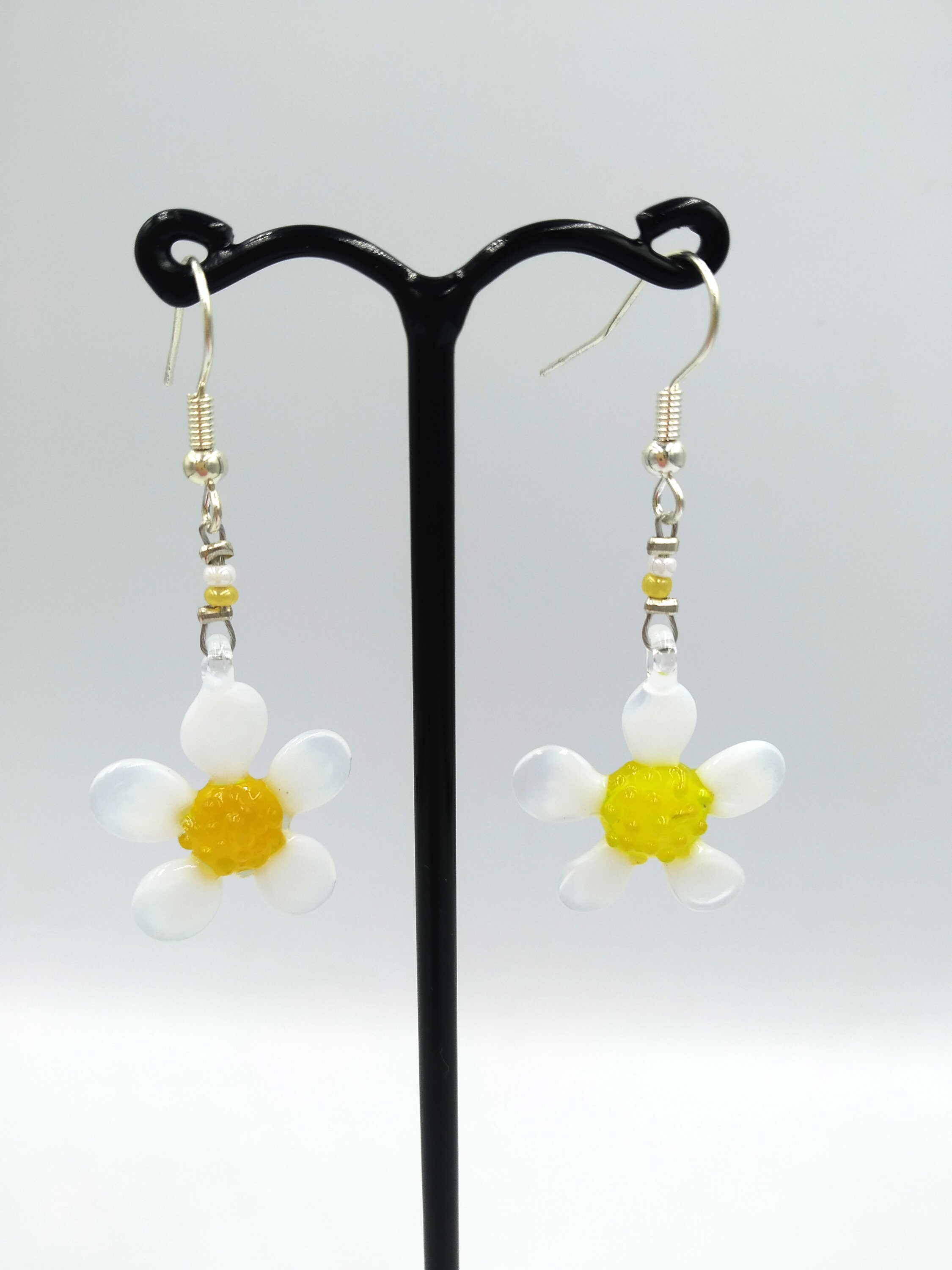 Handmade Glass Daisy Flower Earrings, Sterling Silver or Steel Hooks, Handcrafted Dangle & Drop