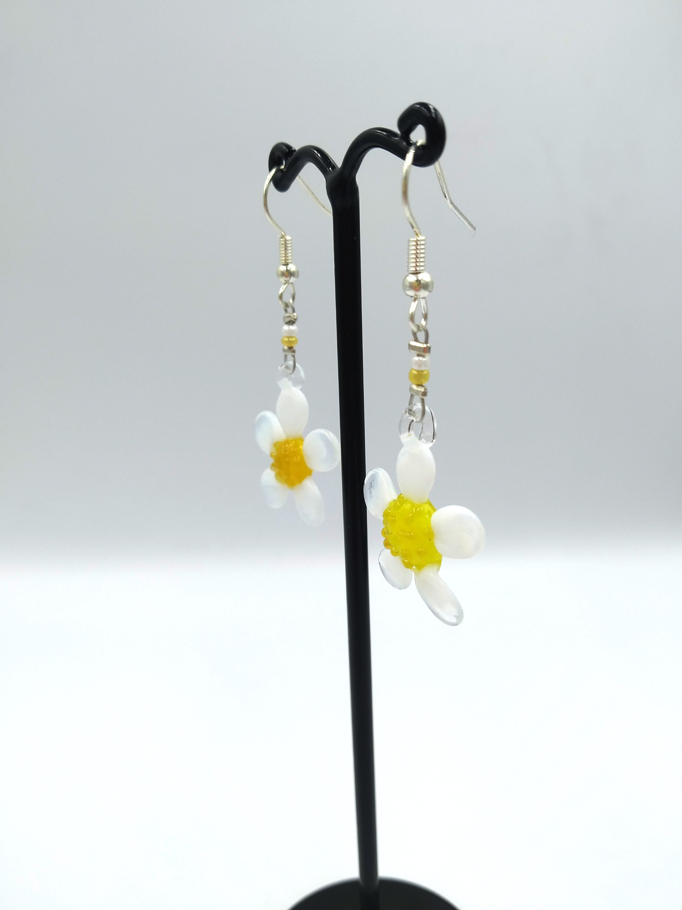 Handmade Glass Daisy Flower Earrings, Sterling Silver or Steel Hooks, Handcrafted Dangle & Drop