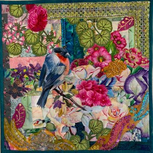 May include: A colorful textile art piece featuring a detailed bird perched on a branch amidst vibrant flowers. The artwork showcases a variety of pink, red, and white blooms, with green foliage and a teal border. Embellishments include sequins and metallic threads.