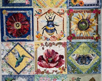 Fabric collaged flowers - Garden Party Pattern by Emily Taylor