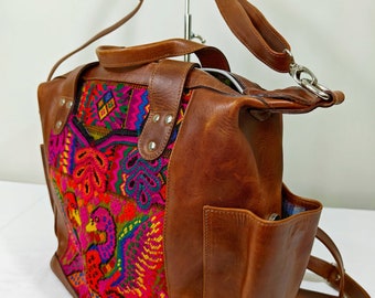 Convertible Brown CDB backpack, Crossbody day bag diaper strap genuine leather huipil detail, Boho Bag, Convertible Backpack, Backpack Women