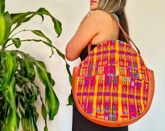 Round Huipil Guatemalan Mayan Artwork Bag, Bright Embroidered Leather Travel Bag  with Outer Pocket and Pouch, Boho Hippie Style Purse