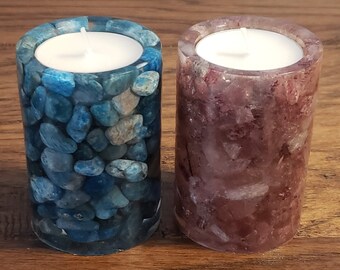 Tea Light Candle Holder, Tumbled Stone Candle Holder, Housewarming Gift, Gift for Mom, Gift for Her, Blue Apatite, Strawberry Quartz