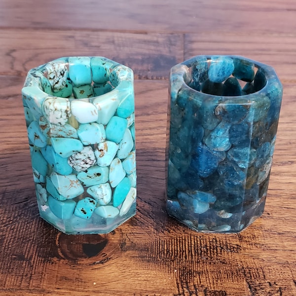 Turquoise or Blue Apatite Stone, Makeup Brush Holder, Qtip Holder, Pen Holder, Housewarming Gift, Bathroom Decor, Gift for Mom, Gift for Her