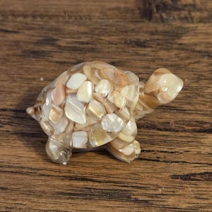 May include: A decorative turtle figurine made of small, iridescent, shell-like pieces in shades of cream, tan, and brown. The turtle has a smooth, rounded head and legs, and a textured shell. The figurine is displayed on a wooden surface.