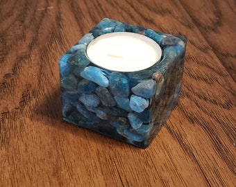 Square Tea Light Candle Holder, Blue Apatite Tumbled Stone Candle Holder, Bathroom Decor, Home Decor, Housewarming Gift, Gift for Her