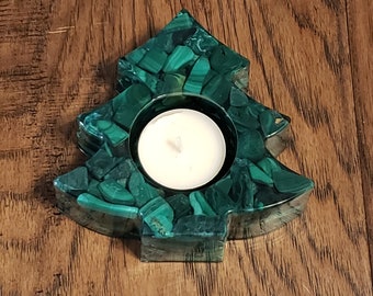 Malachite Christmas Tree Tea Light Candle Holder, Tumbled Stone Candle Holder, Christmas Decorations, Christmas Candle Holder, Gift For Her