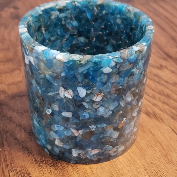 Blue Apatite Stone Make Up Brush Holder, Candle Holder, Pencil Holder, Stone Planter, Housewarming Gift, Gift for Mom, Bathroom Decor