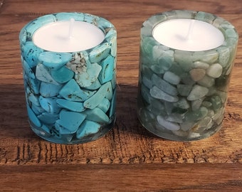 Tea Light Candle Holder, Tumbled Stone Candle Holder, Bath Decor, Housewarming Gift, Gift for Mom, Gift for Her, Turquoise, Green Aventurine