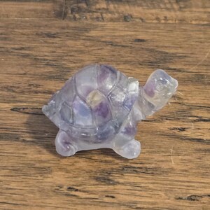 May include: A small, purple and clear fluorite turtle figurine. The turtle is carved from a single piece of fluorite and has a smooth, polished finish.