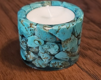 Small Tea Light Candle Holder, Turquoise Tumbled Stone Candle Holder, Bathroom Decor, Home Decor, Housewarming Gift, Gift for Her