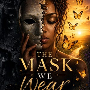 May include: Book cover art featuring a woman with a cracked mask overlaying half her face. The title "The Mask We Wear" is in gold script. Butterflies and a sunset landscape are in the background. Text includes "Facing the Shadow Within."