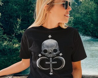 Skull, Stars & Cross T-Shirt | Ancient Astrology, Crescent Moon, Death, Occult, Wicca, Goth, Magic Symbols, Mystical Alchemy, Illuminati