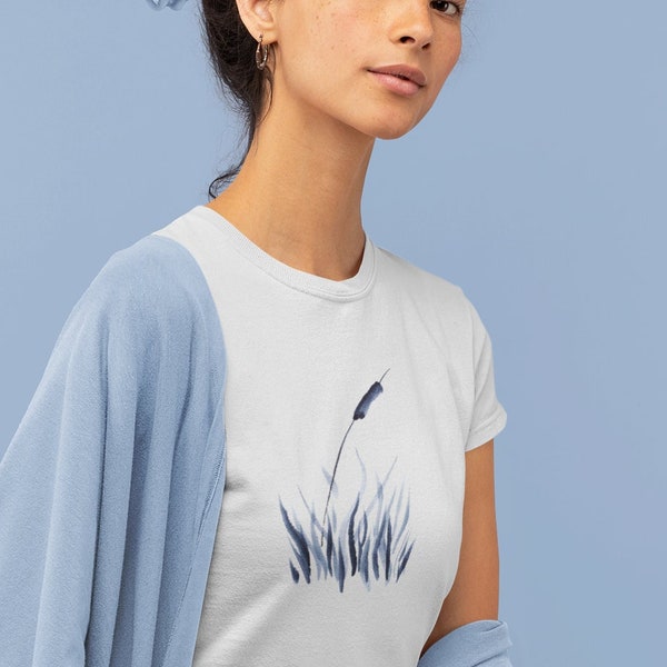 T-shirt féminin quenouilles | Calligraphie chinoise Joli art aquarelle asiatique, dessin traditionnel japonais à l'encre Sumi-e, roseaux, queue de chat, herbe,
